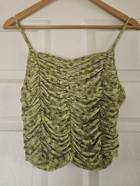 Sweet Rain Lime Green Floral Ruched Spaghetti Strap Camisole Small